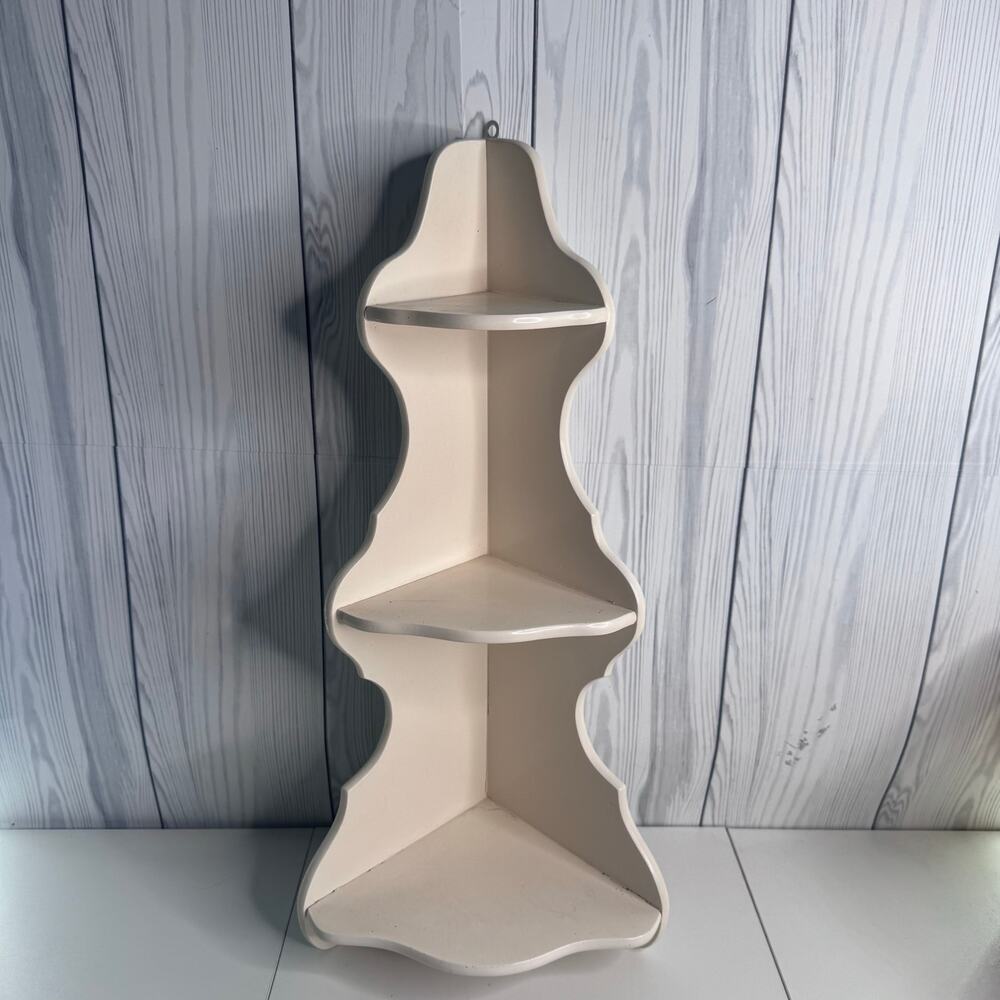Vintage MCM White Painted Corner Shelf 3 Tier Shabby Cottage Primitive 25 x 11